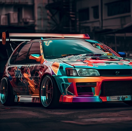 ricer car with colorful decals