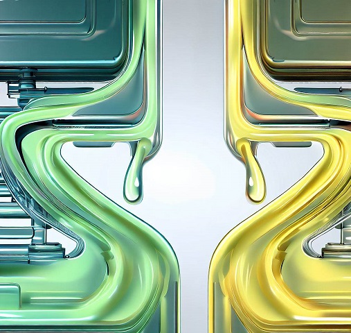 yellow and green liquid streams entering a simplified car engine system through separate inlets