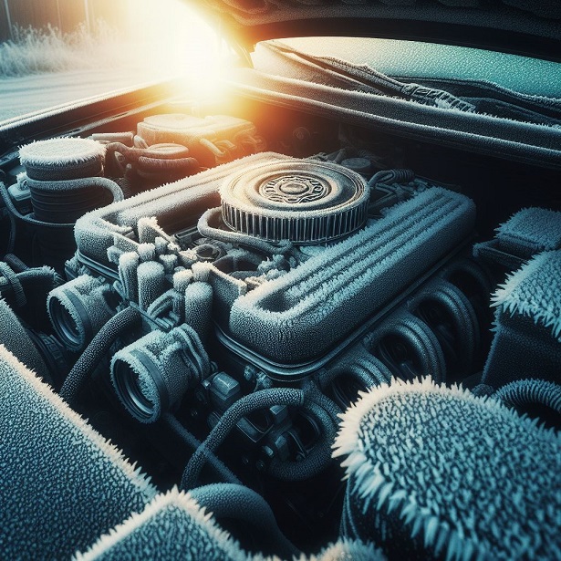 a car engine surrounded by frosty air capturing the essence of a chilly morning