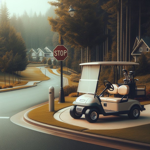 golf cart parked at a serene intersection